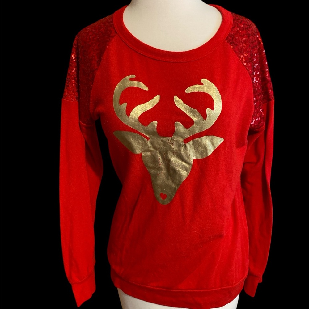 Jerry Leigh Red Sequins reindeer, long sleeve tea, shirt, juniors medium